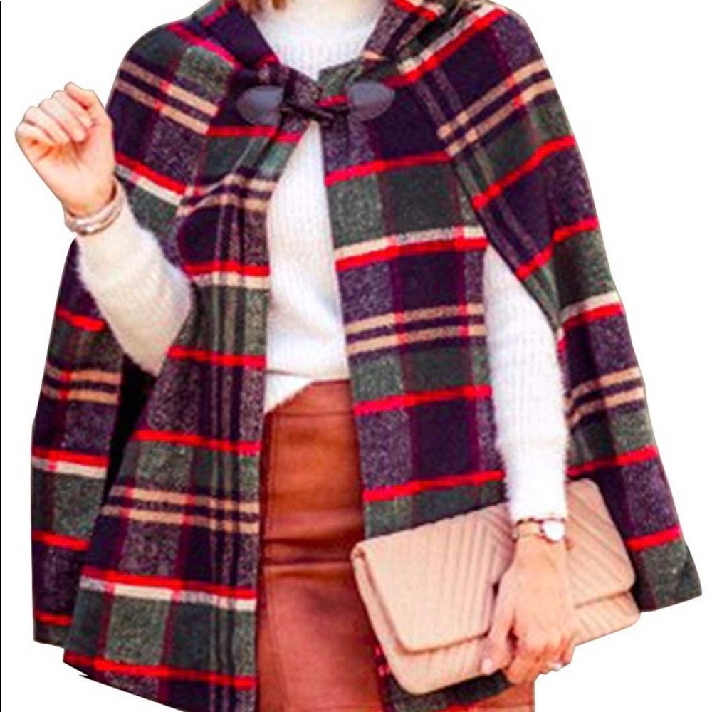 Plaid poncho cape with hood.